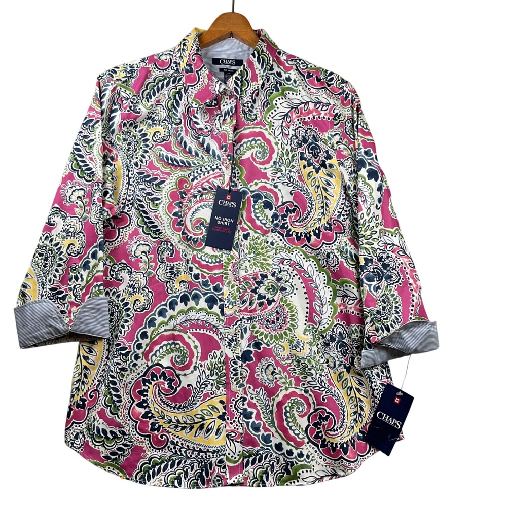 NEW Chaps Button Down Shirt Women L Pink Paisley No Iron Slimming Fit 3/4 Slv